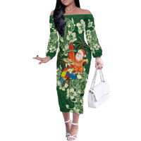 Moss Green Tropical Christmas Hawaii Tapa Family Matching Off The Shoulder Long Sleeve Dress and Hawaiian Shirt Aloha Santa Drink Party - Polynesian Pride