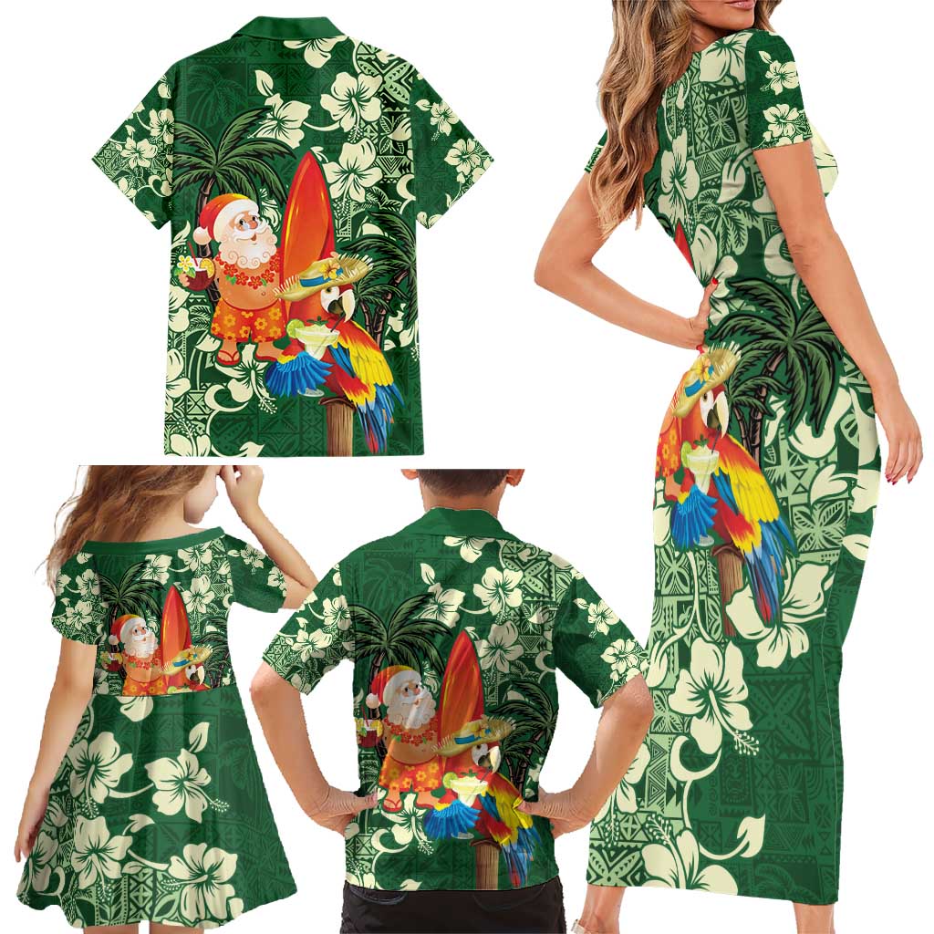Moss Green Tropical Christmas Hawaii Tapa Family Matching Short Sleeve Bodycon Dress and Hawaiian Shirt Aloha Santa Drink Party - Polynesian Pride