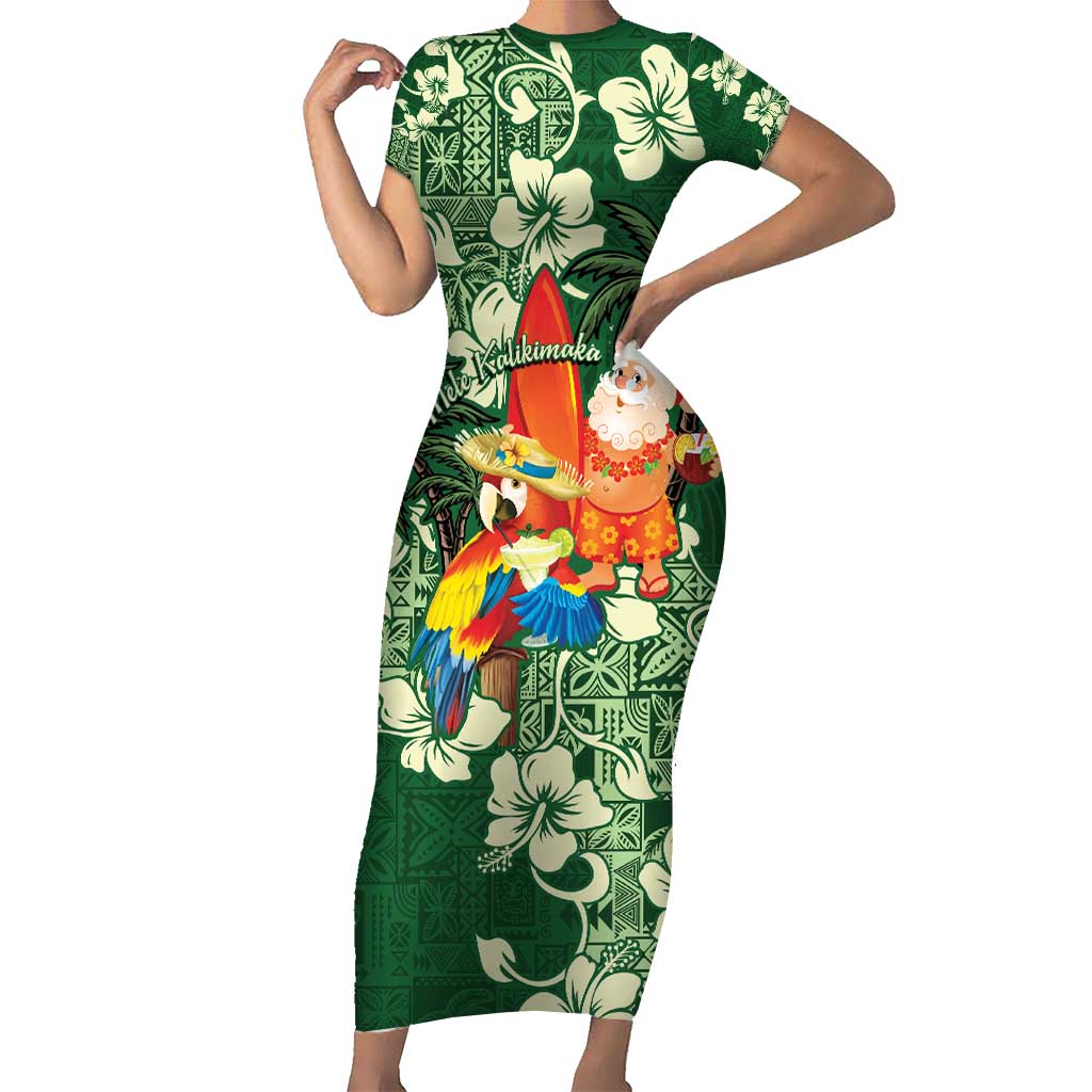 Moss Green Tropical Christmas Hawaii Tapa Family Matching Short Sleeve Bodycon Dress and Hawaiian Shirt Aloha Santa Drink Party