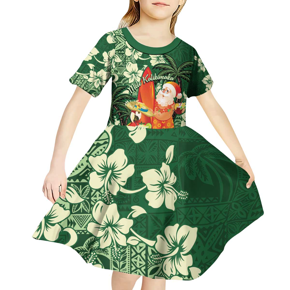 Moss Green Tropical Christmas Hawaii Tapa Kid Short Sleeve Dress Aloha Santa Drink Party - Polynesian Pride