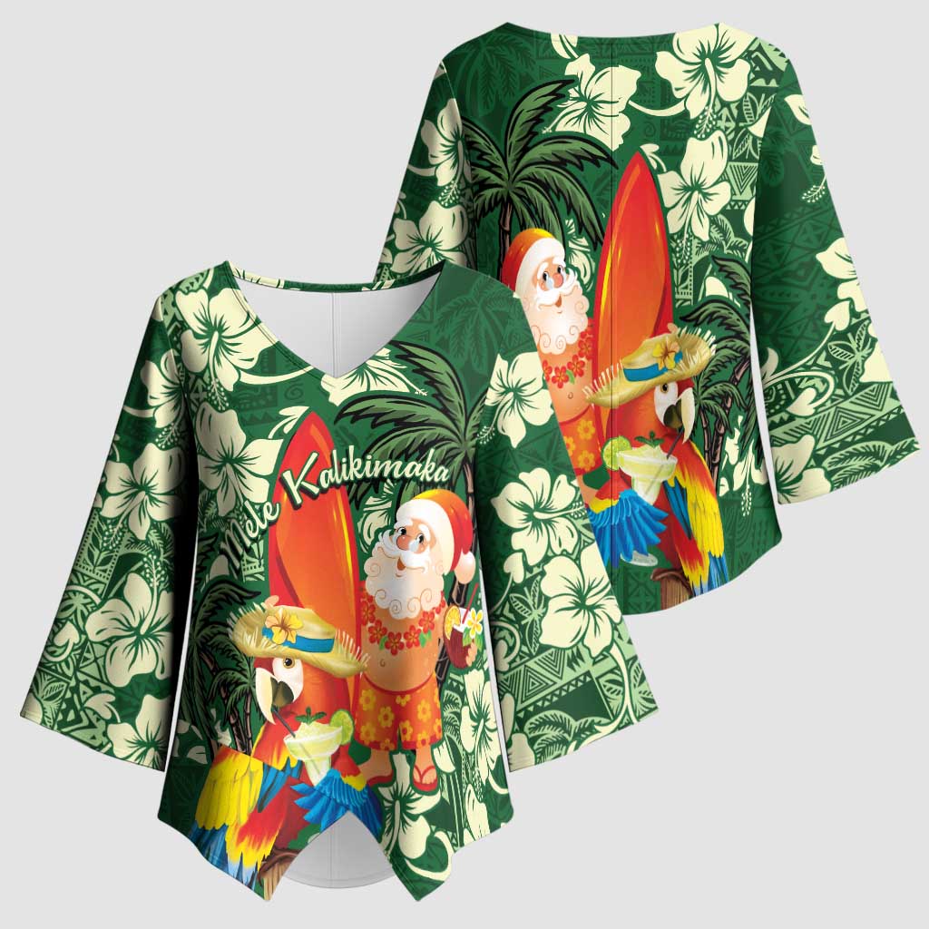 Moss Green Tropical Christmas Hawaii Tapa Kimono Sleeve Blouse Aloha Santa Drink Party - Polynesian Pride