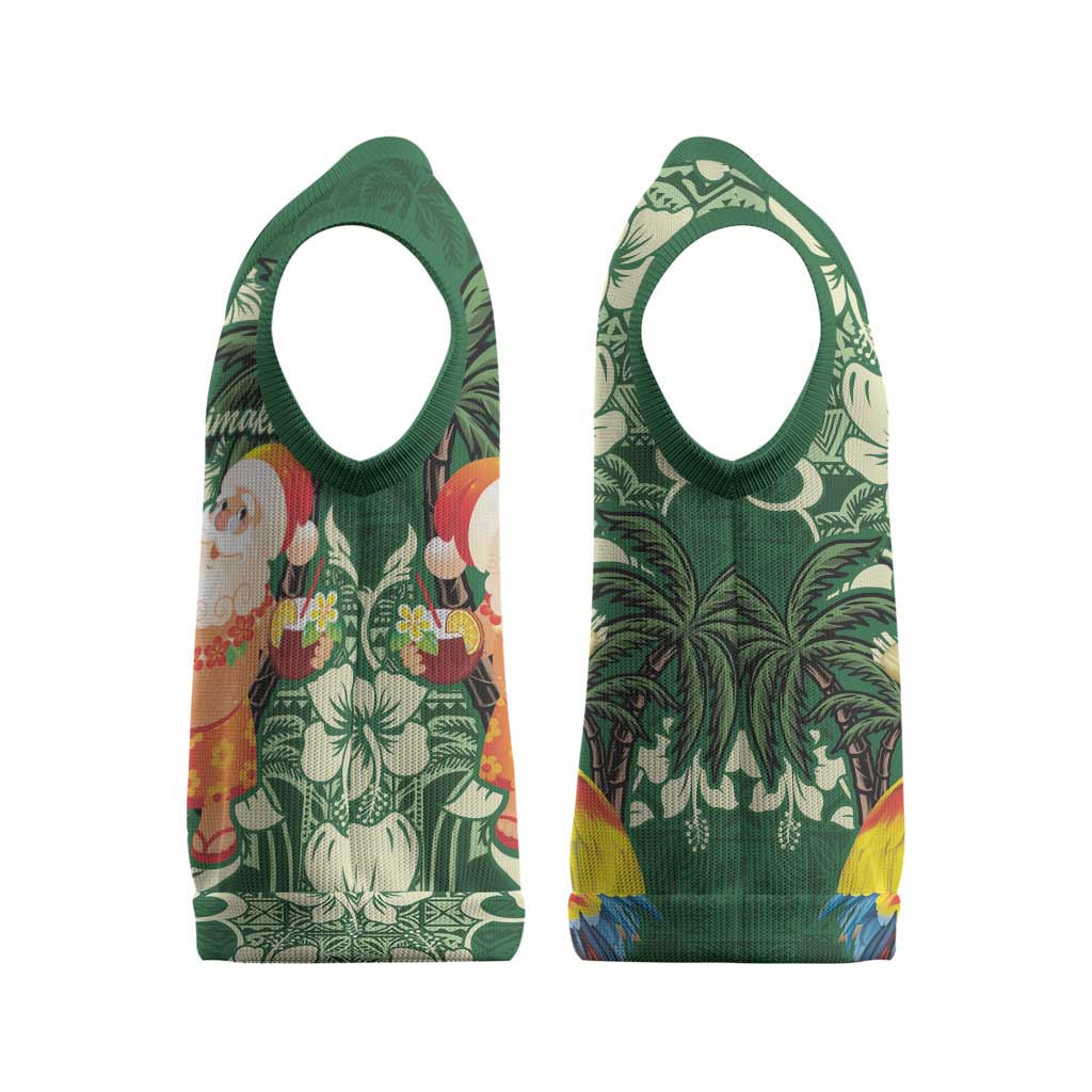 Moss Green Tropical Christmas Hawaii Tapa Christmas Knitted V-Neck Vest Aloha Santa Drink Party - Polynesian Pride