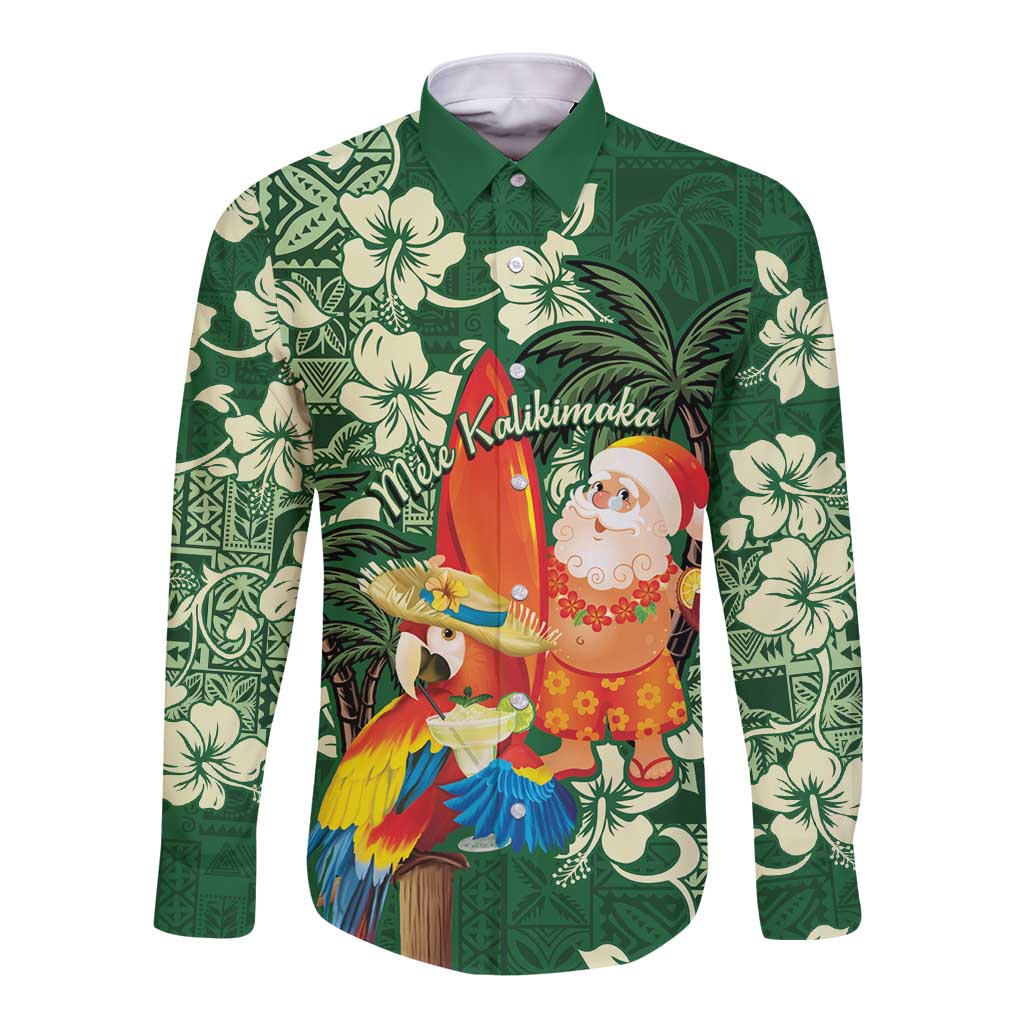 Moss Green Tropical Christmas Hawaii Tapa Long Sleeve Button Shirt Aloha Santa Drink Party - Polynesian Pride