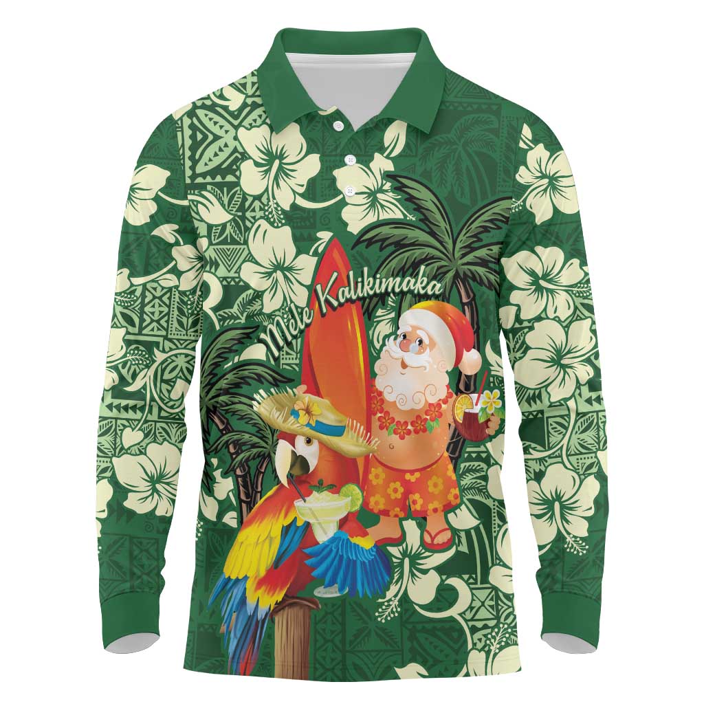 Moss Green Tropical Christmas Hawaii Tapa Long Sleeve Polo Shirt Aloha Santa Drink Party - Polynesian Pride
