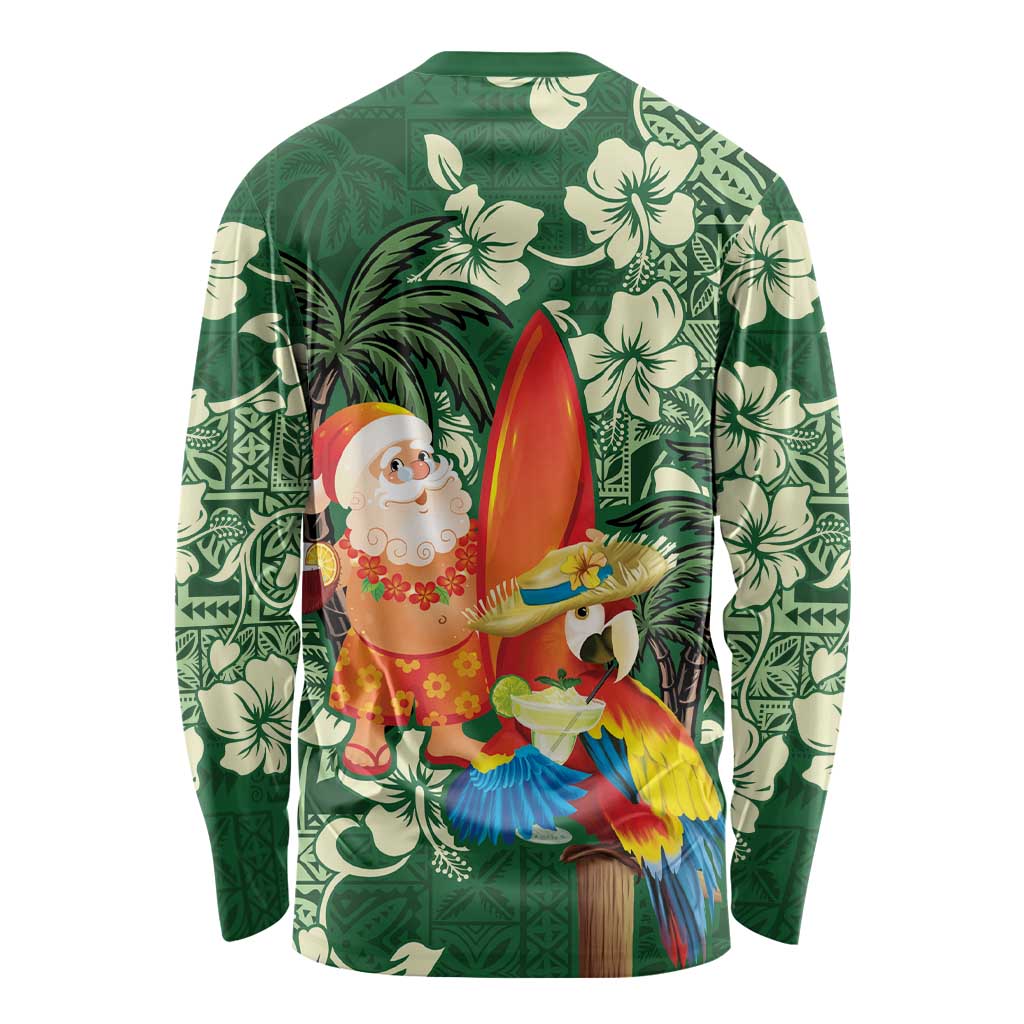 Moss Green Tropical Christmas Hawaii Tapa Long Sleeve Shirt Aloha Santa Drink Party - Polynesian Pride