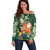 Moss Green Tropical Christmas Hawaii Tapa Off Shoulder Sweater Aloha Santa Drink Party - Polynesian Pride