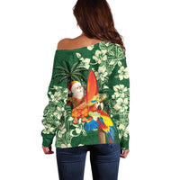 Moss Green Tropical Christmas Hawaii Tapa Off Shoulder Sweater Aloha Santa Drink Party - Polynesian Pride