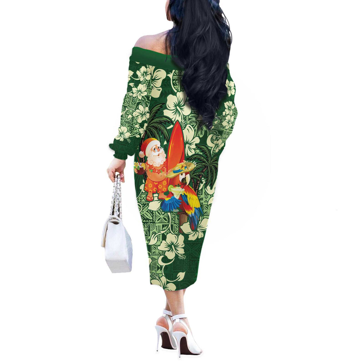 Moss Green Tropical Christmas Hawaii Tapa Off The Shoulder Long Sleeve Dress Aloha Santa Drink Party
