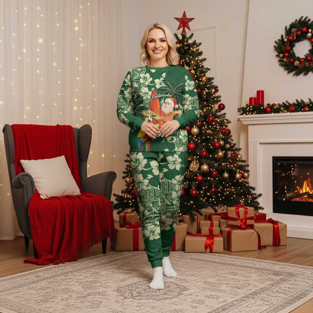 Moss Green Tropical Christmas Hawaii Tapa Christmas Pajama Set Aloha Santa Drink Party - Polynesian Pride