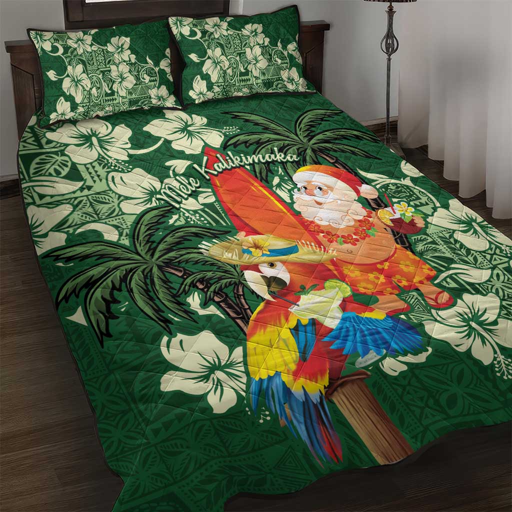 Moss Green Tropical Christmas Hawaii Tapa Quilt Bed Set Aloha Santa Drink Party - Polynesian Pride