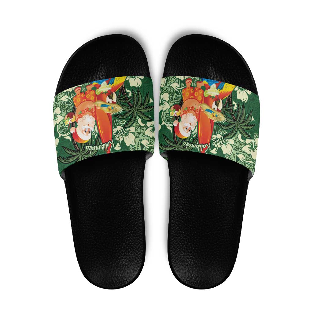 Moss Green Tropical Christmas Hawaii Tapa Slide Sandals Aloha Santa Drink Party - Polynesian Pride