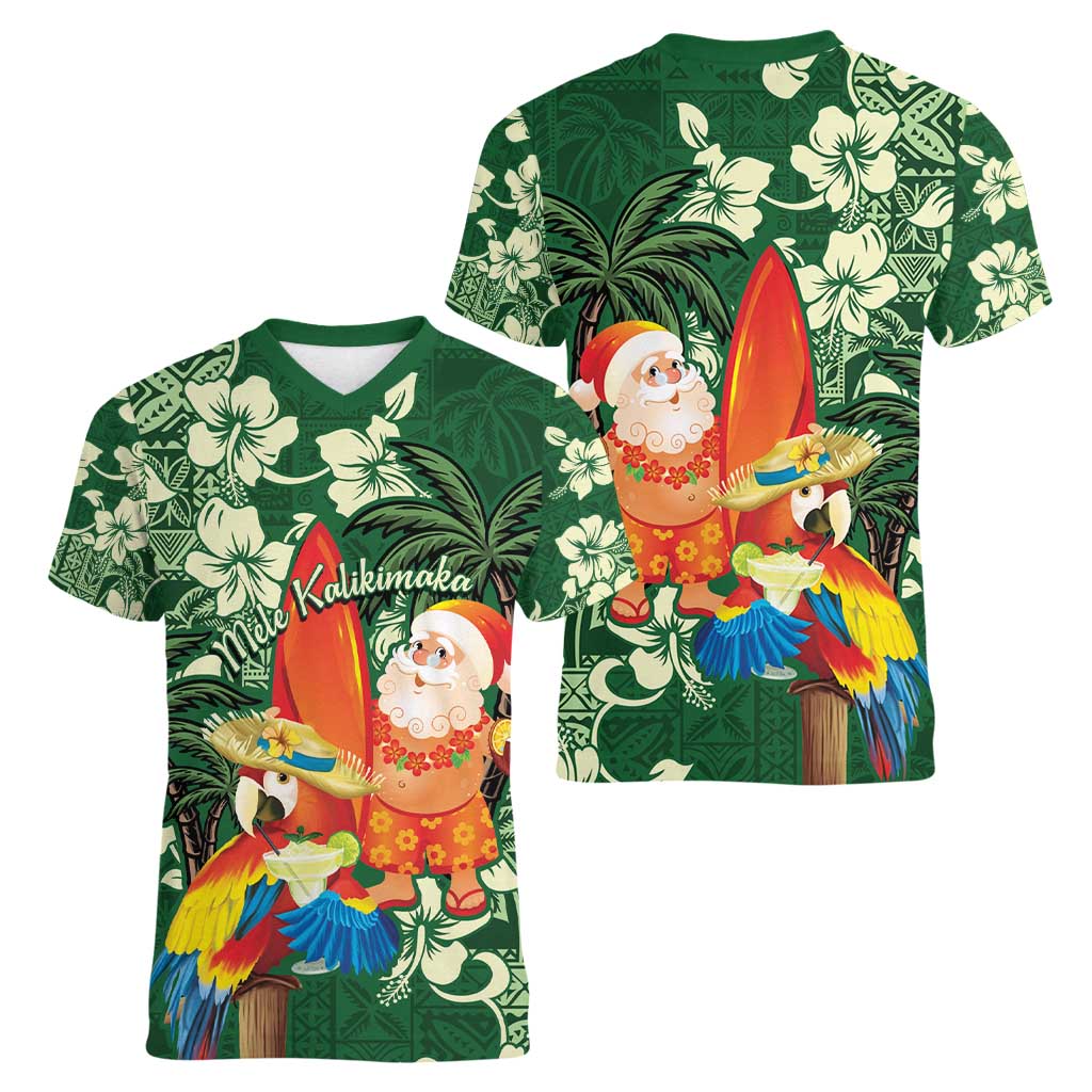Moss Green Tropical Christmas Hawaii Tapa Women V-Neck T-Shirt Aloha Santa Drink Party - Polynesian Pride