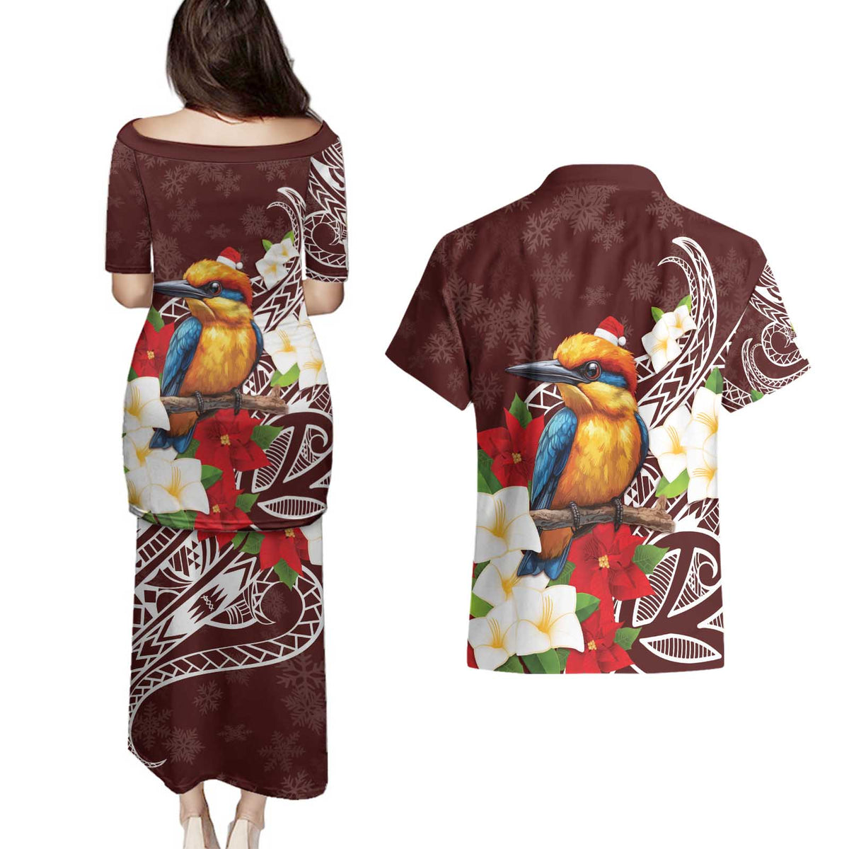 Felis Pasgua Guam Couples Matching Puletasi and Hawaiian Shirt Christmas Sihek Kingfisher with Guasali