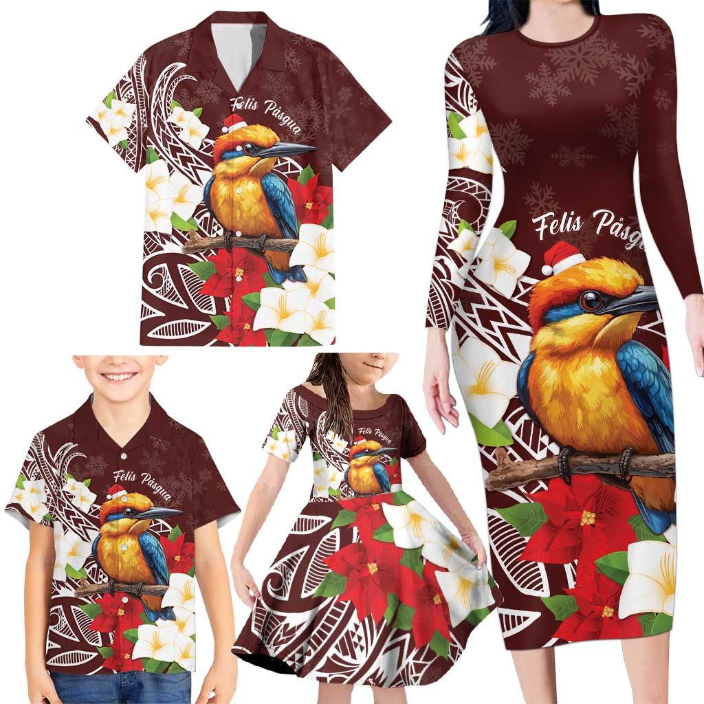 Felis Pasgua Guam Family Matching Long Sleeve Bodycon Dress and Hawaiian Shirt Christmas Sihek Kingfisher with Guasali