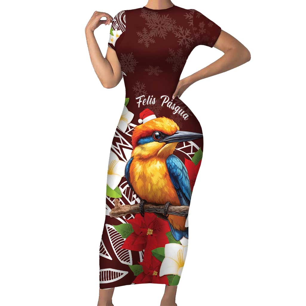 Felis Pasgua Guam Short Sleeve Bodycon Dress Christmas Sihek Kingfisher with Guasali LT7 Long Dress Crimson - Polynesian Pride