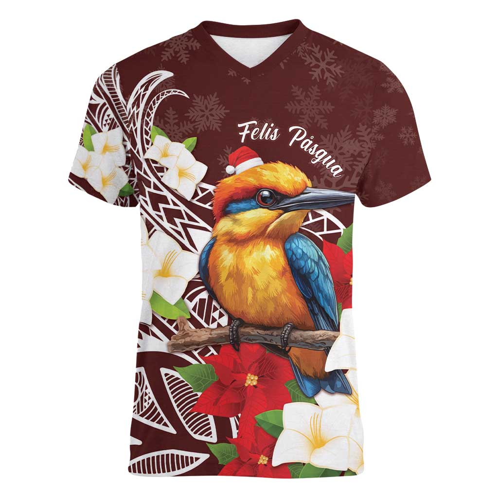 Felis Pasgua Guam Women V-Neck T-Shirt Christmas Sihek Kingfisher with Guasali