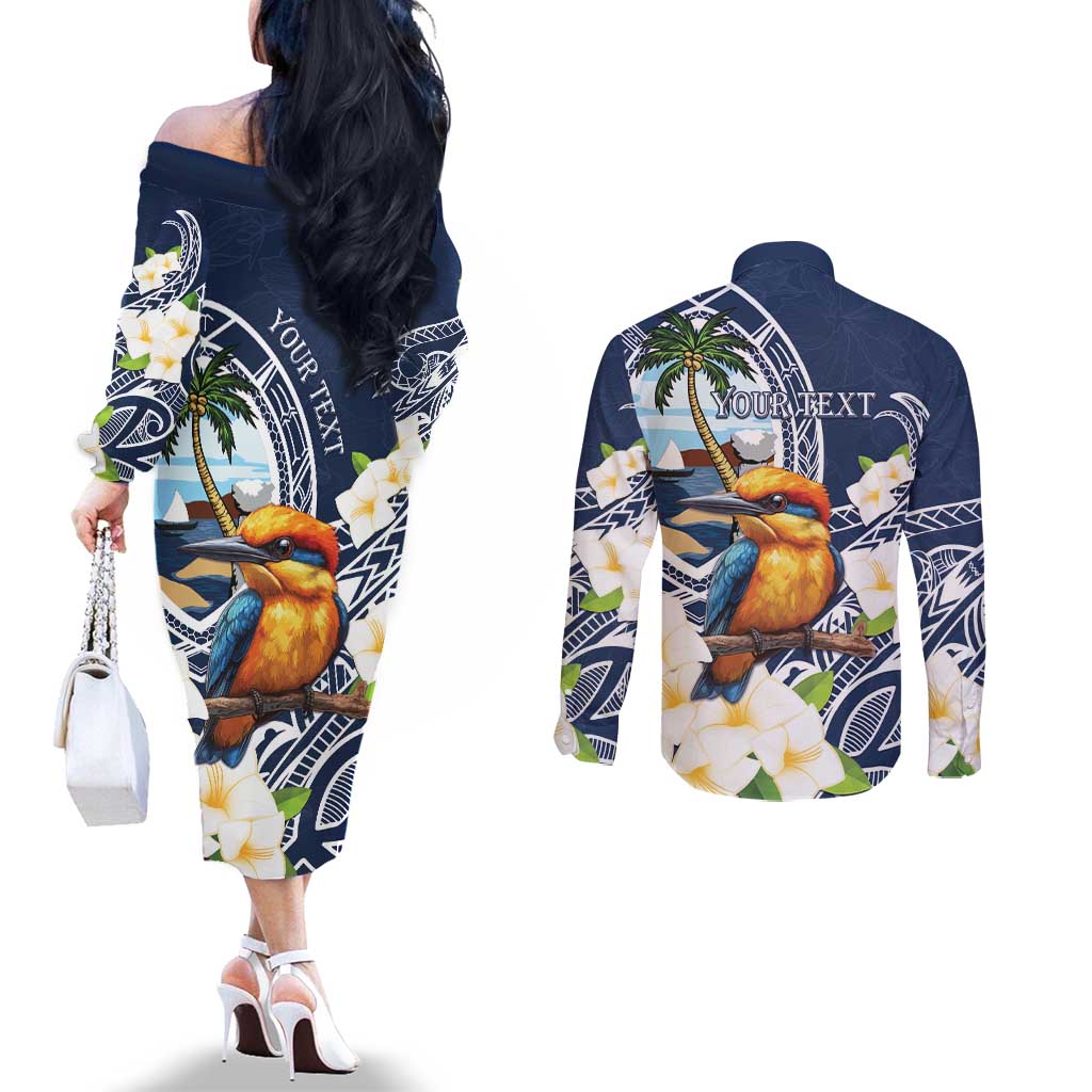 Hafa Adai Guam Couples Matching Off The Shoulder Long Sleeve Dress and Long Sleeve Button Shirt Sihek Guam Kingfisher with Guasali