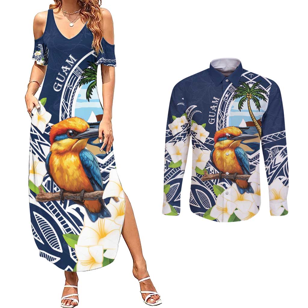 Hafa Adai Guam Couples Matching Summer Maxi Dress and Long Sleeve Button Shirt Sihek Guam Kingfisher with Guasali