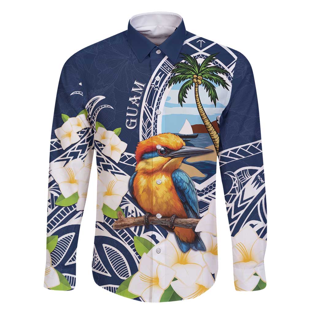 Hafa Adai Guam Family Matching Mermaid Dress and Hawaiian Shirt Sihek Guam Kingfisher with Guasali LT7 Dad's Shirt - Long Sleeve Navy Blue - Polynesian Pride