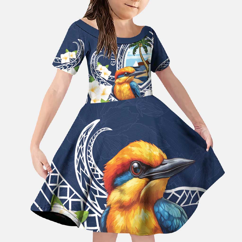 Hafa Adai Guam Family Matching Tank Maxi Dress and Hawaiian Shirt Sihek Guam Kingfisher with Guasali LT7 Daughter's Dress Navy Blue - Polynesian Pride