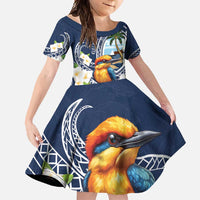 Hafa Adai Guam Family Matching Tank Maxi Dress and Hawaiian Shirt Sihek Guam Kingfisher with Guasali LT7 Daughter's Dress Navy Blue - Polynesian Pride