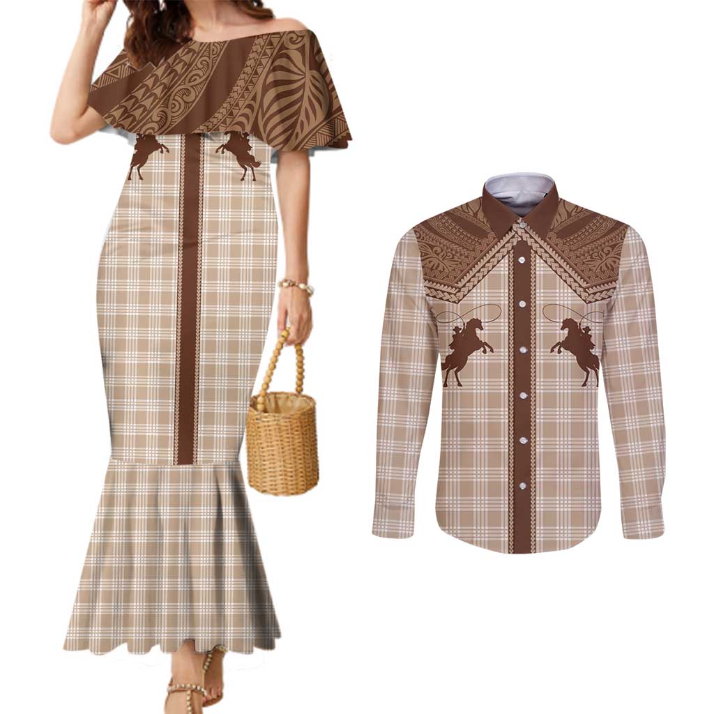 Aloha Hawaii Cowboys Paniolo Couples Matching Mermaid Dress and Long Sleeve Button Shirt Beige Palaka - Polynesian Pride