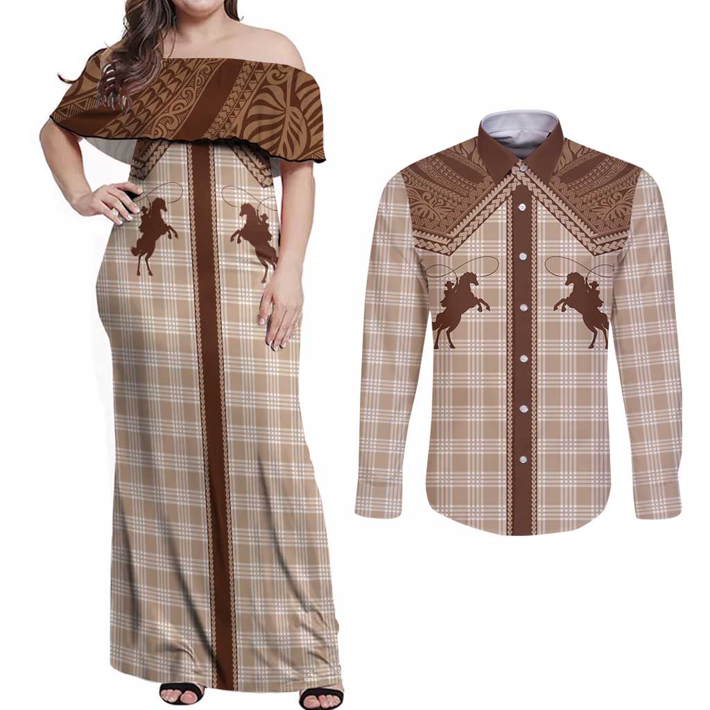 Aloha Hawaii Cowboys Paniolo Couples Matching Off Shoulder Maxi Dress and Long Sleeve Button Shirt Beige Palaka - Polynesian Pride