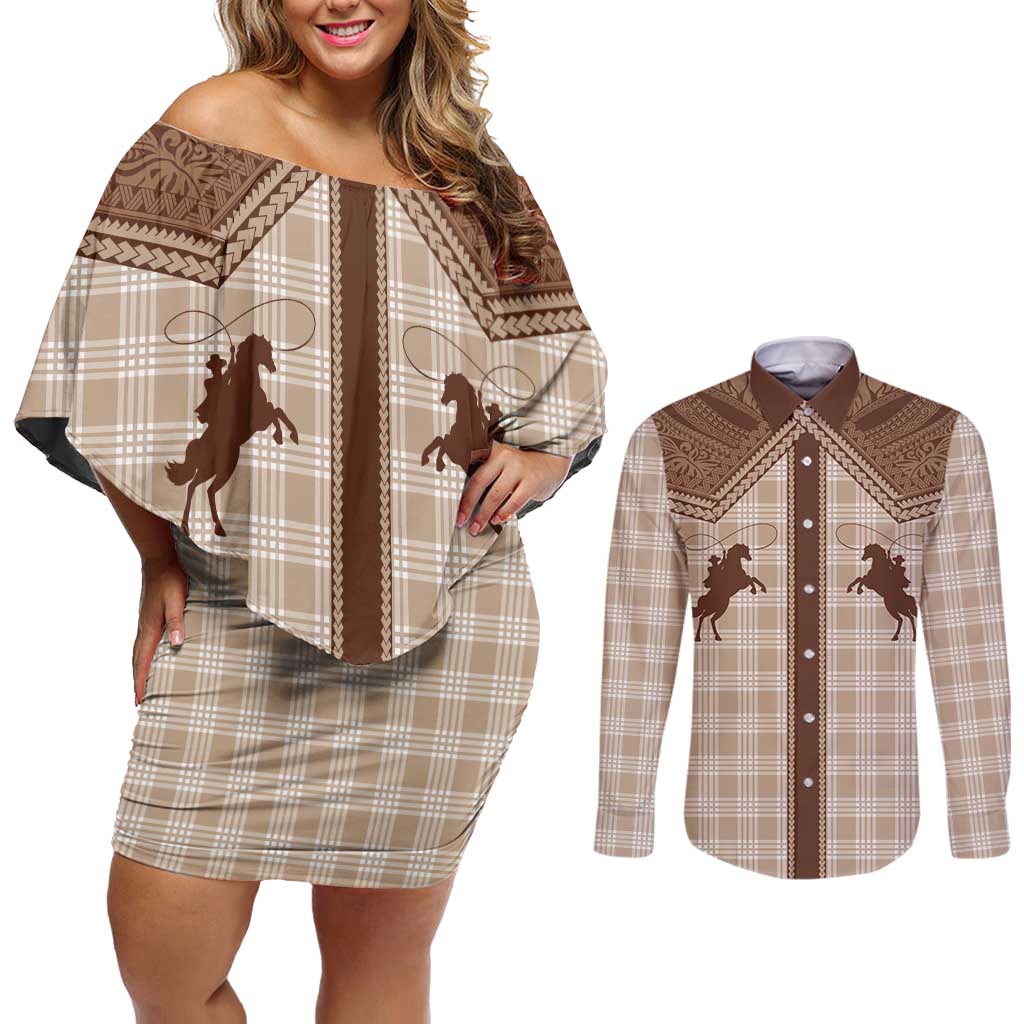 Aloha Hawaii Cowboys Paniolo Couples Matching Off Shoulder Short Dress and Long Sleeve Button Shirt Beige Palaka - Polynesian Pride