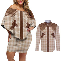 Aloha Hawaii Cowboys Paniolo Couples Matching Off Shoulder Short Dress and Long Sleeve Button Shirt Beige Palaka - Polynesian Pride