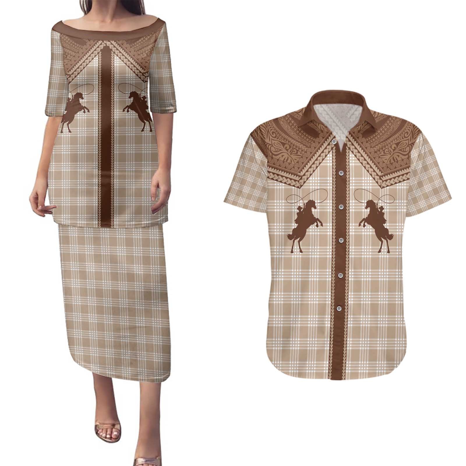 Aloha Hawaii Cowboys Paniolo Couples Matching Puletasi and Hawaiian Shirt Beige Palaka LT7 Beige - Polynesian Pride