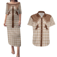 Aloha Hawaii Cowboys Paniolo Couples Matching Puletasi and Hawaiian Shirt Beige Palaka - Polynesian Pride