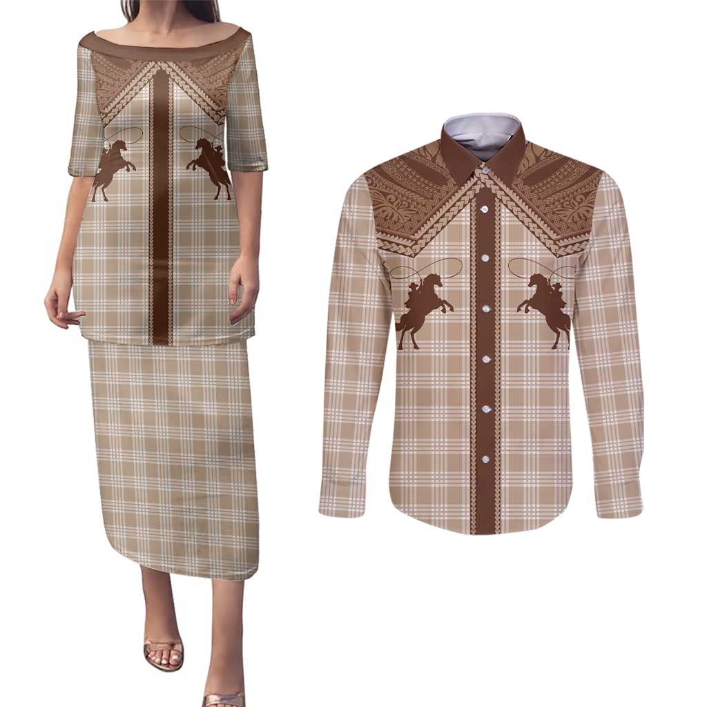 Aloha Hawaii Cowboys Paniolo Couples Matching Puletasi and Long Sleeve Button Shirt Beige Palaka - Polynesian Pride