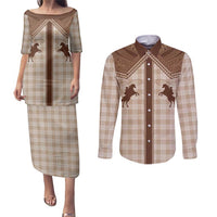 Aloha Hawaii Cowboys Paniolo Couples Matching Puletasi and Long Sleeve Button Shirt Beige Palaka - Polynesian Pride