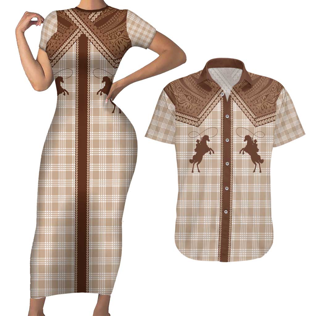 Aloha Hawaii Cowboys Paniolo Couples Matching Short Sleeve Bodycon Dress and Hawaiian Shirt Beige Palaka - Polynesian Pride