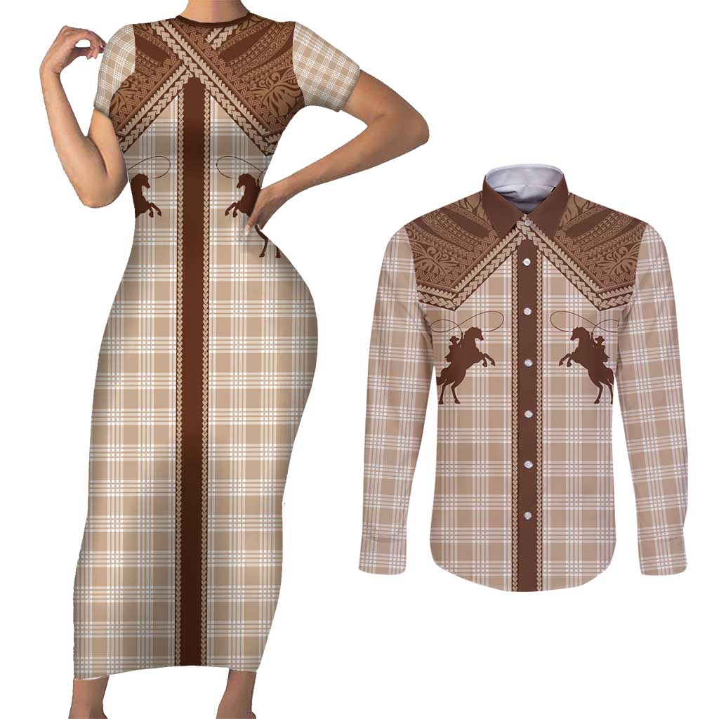 Aloha Hawaii Cowboys Paniolo Couples Matching Short Sleeve Bodycon Dress and Long Sleeve Button Shirt Beige Palaka - Polynesian Pride