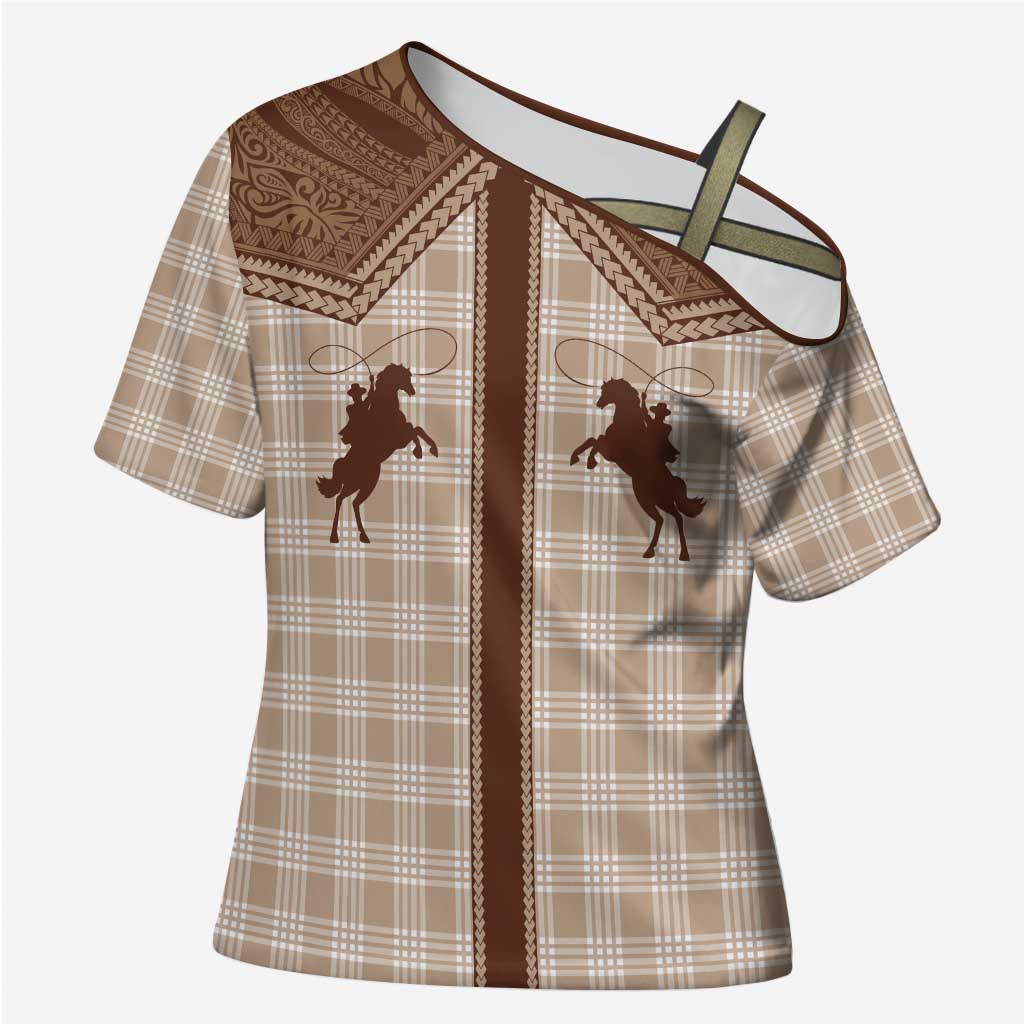 Aloha Hawaii Cowboys Paniolo Cross Shoulder Shirt Beige Palaka LT7 Female Beige - Polynesian Pride