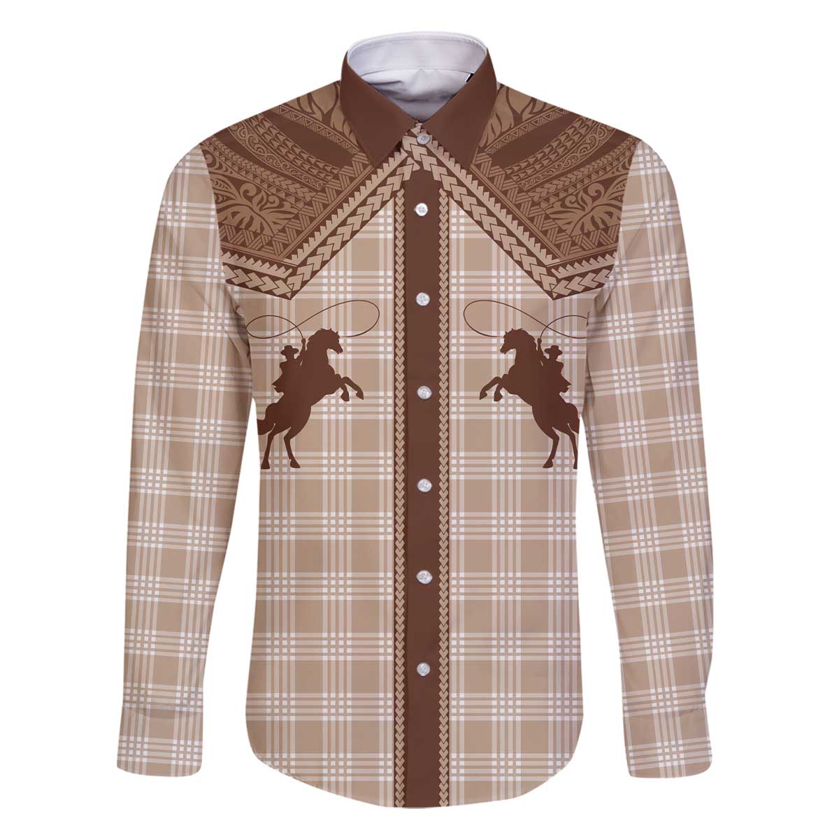 Aloha Hawaii Cowboys Paniolo Family Matching Off The Shoulder Long Sleeve Dress and Hawaiian Shirt Beige Palaka - Polynesian Pride