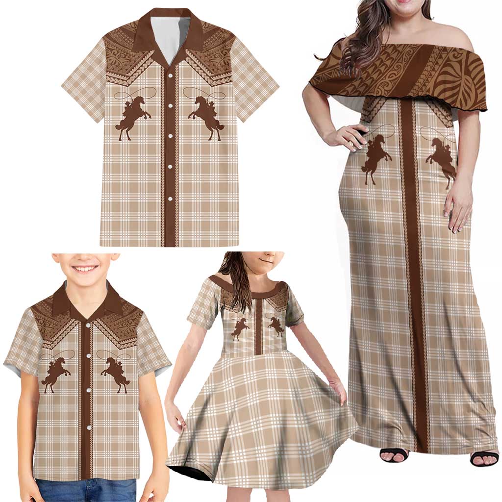 Aloha Hawaii Cowboys Paniolo Family Matching Off Shoulder Maxi Dress and Hawaiian Shirt Beige Palaka - Polynesian Pride