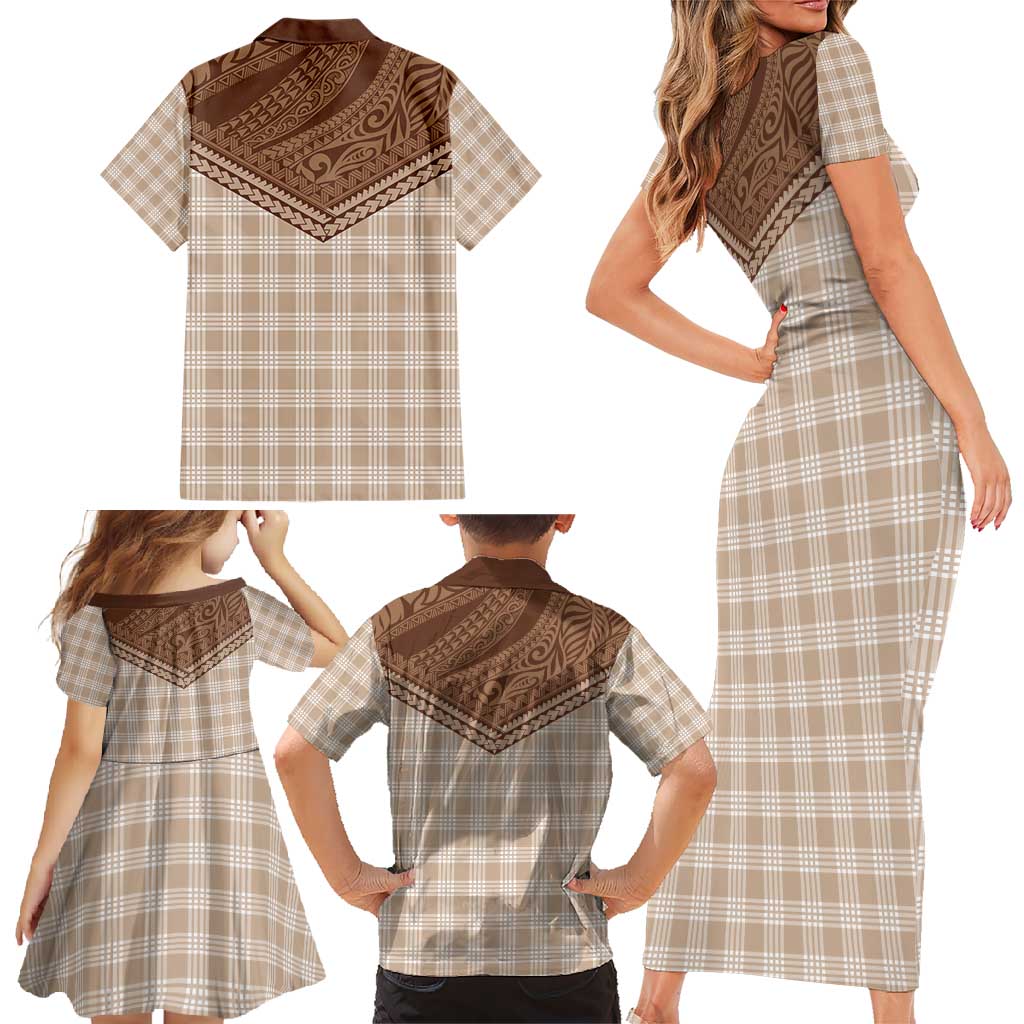Aloha Hawaii Cowboys Paniolo Family Matching Short Sleeve Bodycon Dress and Hawaiian Shirt Beige Palaka - Polynesian Pride
