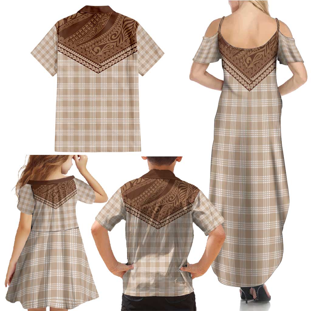 Aloha Hawaii Cowboys Paniolo Family Matching Summer Maxi Dress and Hawaiian Shirt Beige Palaka - Polynesian Pride