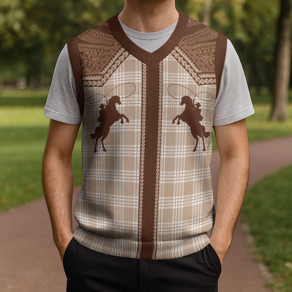 Aloha Hawaii Cowboys Paniolo Christmas Knitted V-Neck Vest Beige Palaka - Polynesian Pride