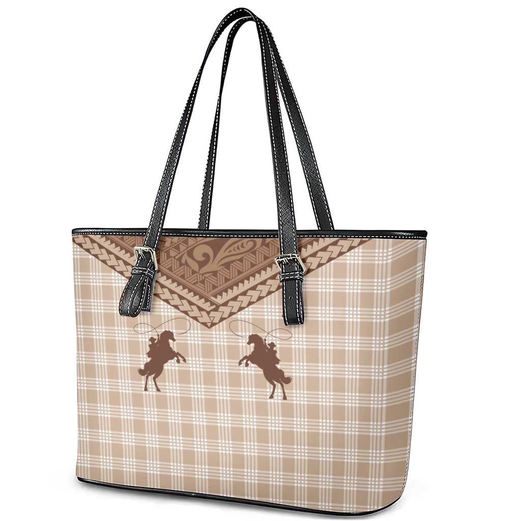 Aloha Hawaii Cowboys Paniolo Leather Tote Bag Beige Palaka - Polynesian Pride