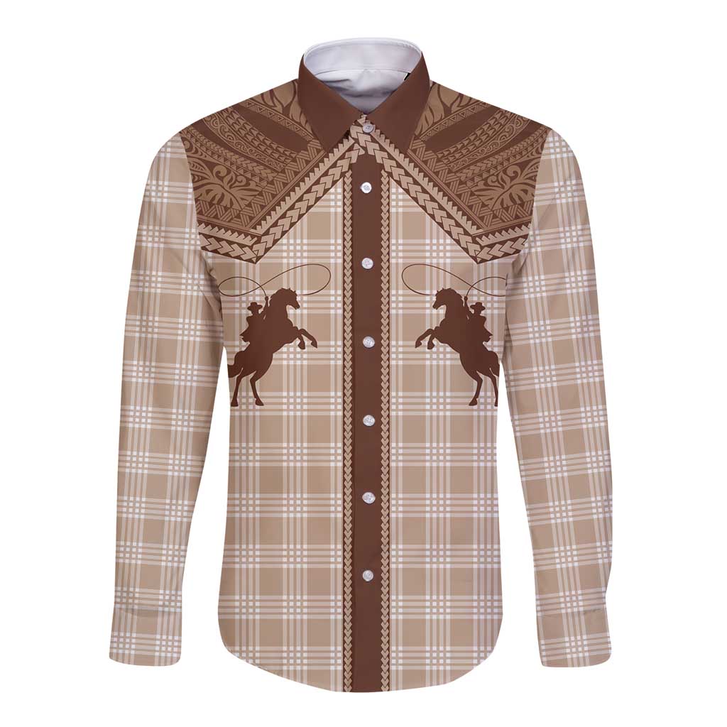 Aloha Hawaii Cowboys Paniolo Long Sleeve Button Shirt Beige Palaka - Polynesian Pride