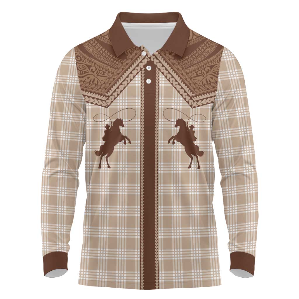 Aloha Hawaii Cowboys Paniolo Long Sleeve Polo Shirt Beige Palaka - Polynesian Pride
