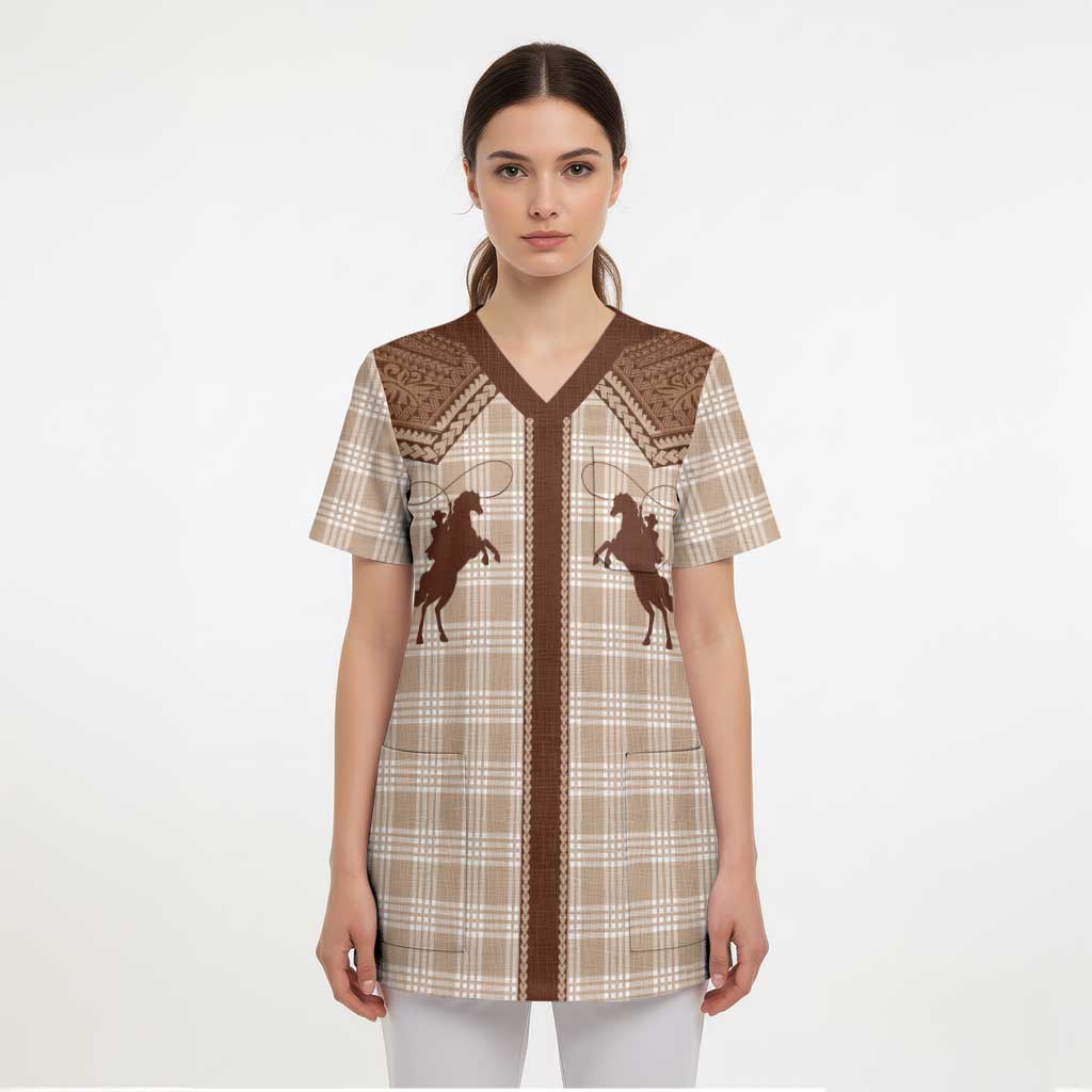 Aloha Hawaii Cowboys Paniolo Scrub Top Beige Palaka - Polynesian Pride