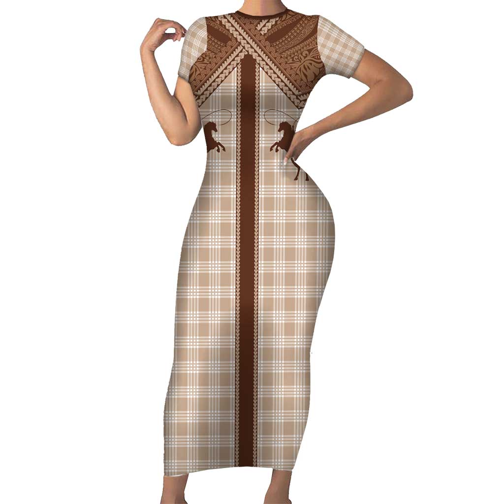 Aloha Hawaii Cowboys Paniolo Short Sleeve Bodycon Dress Beige Palaka - Polynesian Pride