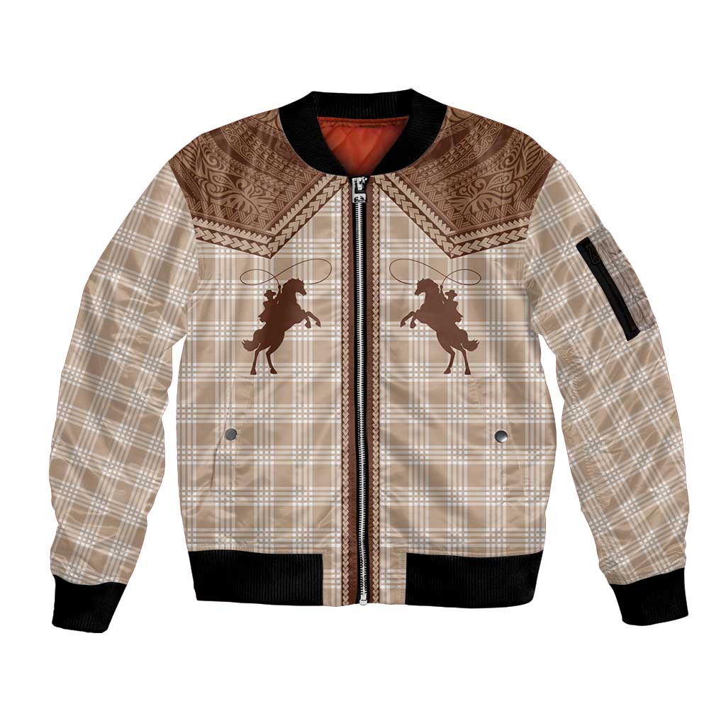 Aloha Hawaii Cowboys Paniolo Sleeve Zip Bomber Jacket Beige Palaka LT7 Unisex Beige - Polynesian Pride