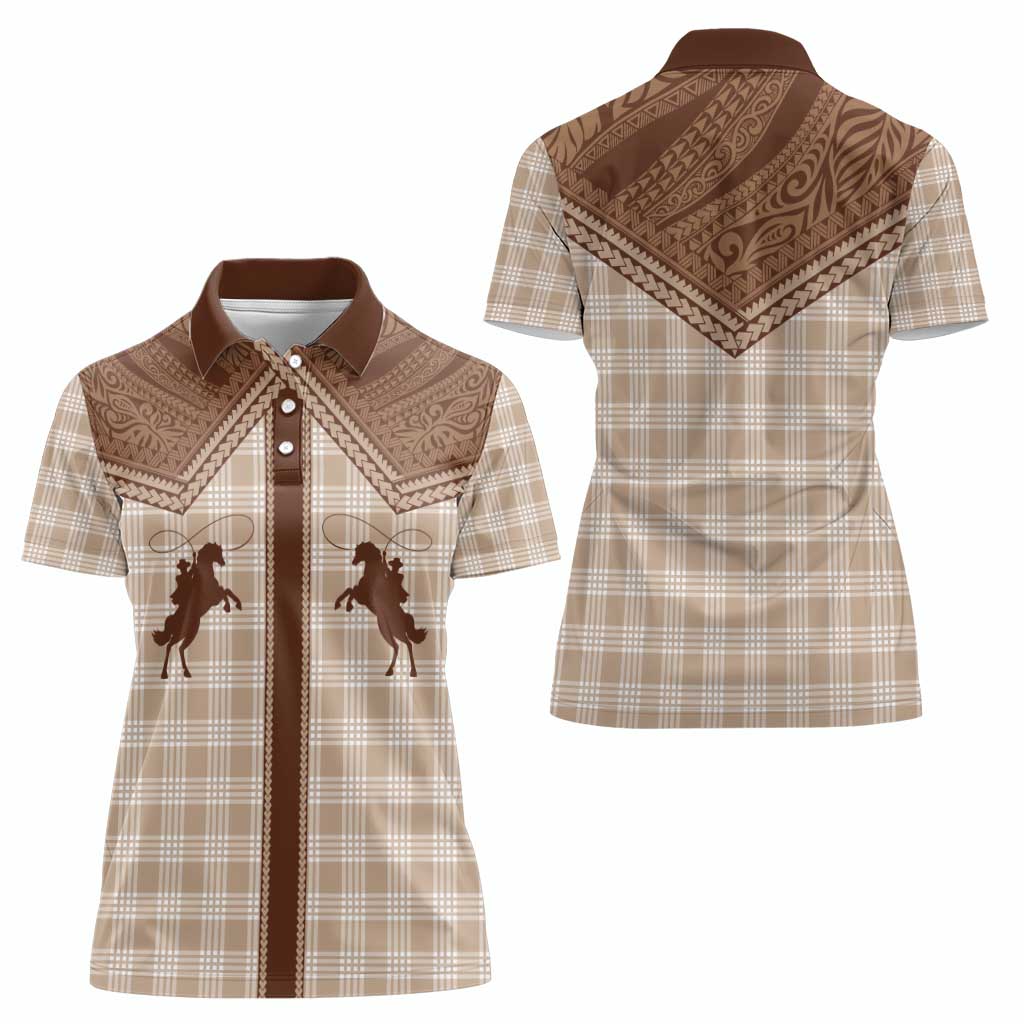 Aloha Hawaii Cowboys Paniolo Women Polo Shirt Beige Palaka - Polynesian Pride