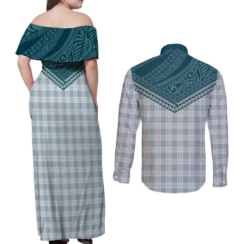 Aloha Hawaii Cowboys Paniolo Couples Matching Off Shoulder Maxi Dress and Long Sleeve Button Shirt Teal Palaka - Polynesian Pride