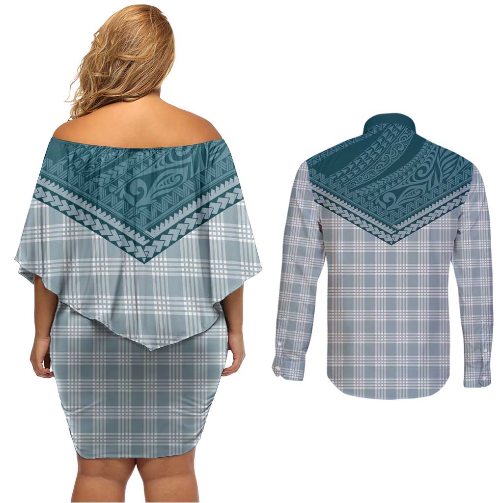 Aloha Hawaii Cowboys Paniolo Couples Matching Off Shoulder Short Dress and Long Sleeve Button Shirt Teal Palaka - Polynesian Pride